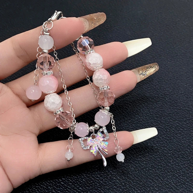 Fashion Butterfly Beaded Bracelets For Women Girls Imitation Jade Bohemian Crystal Charm Elastic Rope Bracelet Hand Jewelry