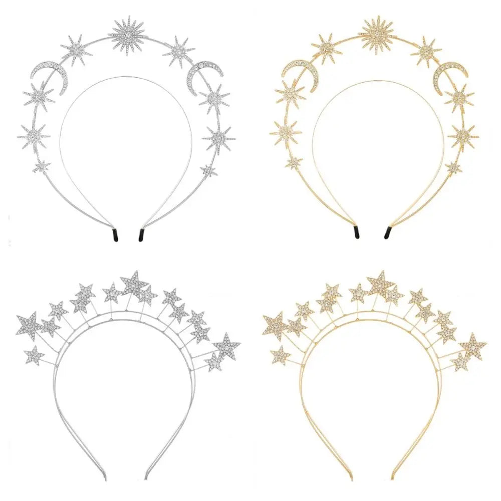 Fairy Metal Star Hair Hoop Princess Silver Halo Crown Rhinestone bilayer Baroque Hairbands Head Jewelry