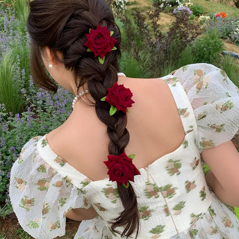 U Shaped Red Hairpins Hair Clips Wedding Hair Accessories For Women Rose Flower Headpieces Forks Bride Headdress Hair Jewelry