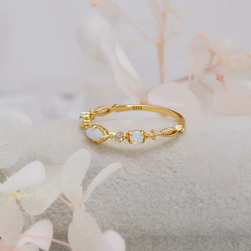 Vintage Bijou Opal Ring For Women Classic Elegant Thin Ring 925 Sterling Silver Gold Plated Fine Jewelry Accessories Gift