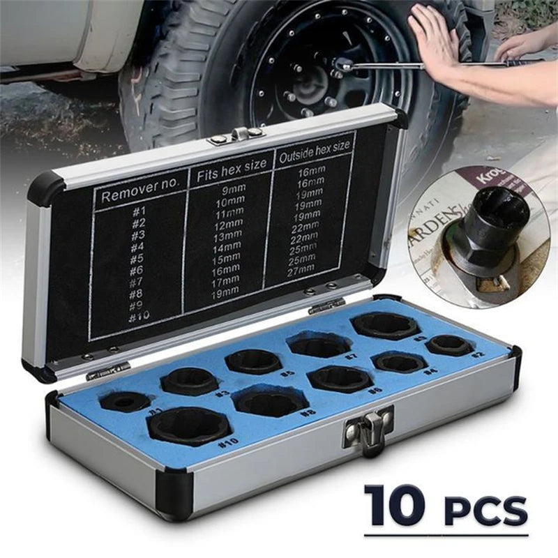 10pcs/lot Hex Socket Set Damaged Bolt Nut Screw Remover Garage 9-19 Mm Sockets Car Repair Hand Tool Electric Drill Accessories