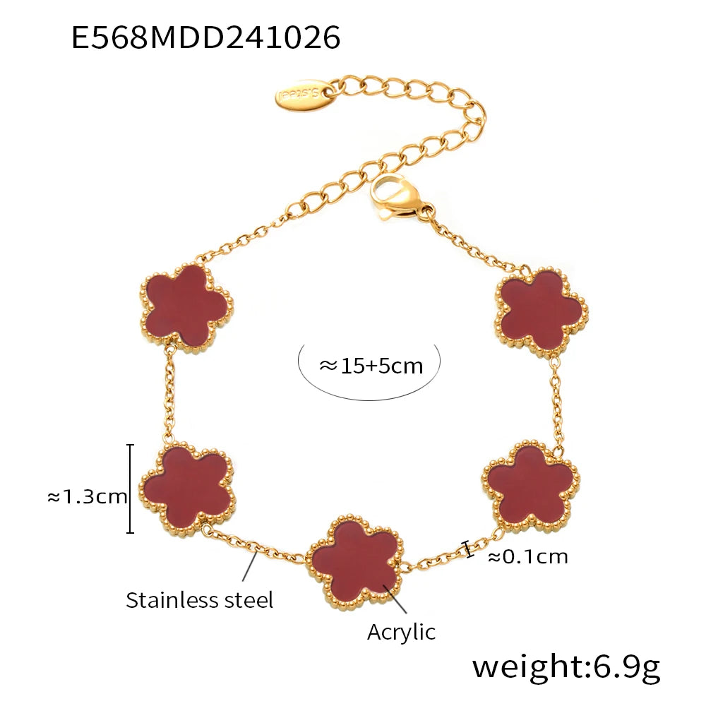 Fashion Five Petals Beautiful Bracelet for Women No Rusted Gold Plated Stainless Steel Agate Bangle Charm Luxury Jewelry Gift