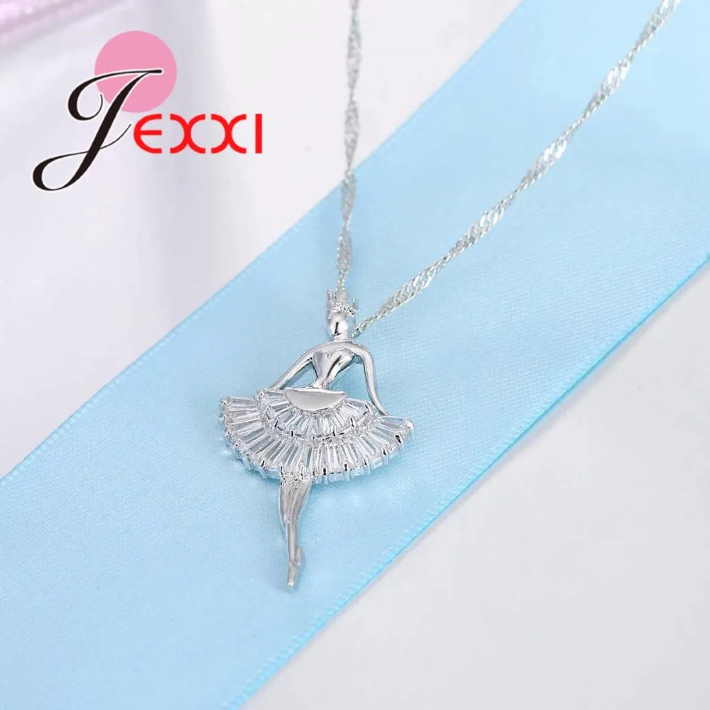Fashion Enamel Dance BALLET Girl Fairy Angel Necklace Chain Pendant 925 Sterling Silver Fashion Cubic Zirconia Jewelry