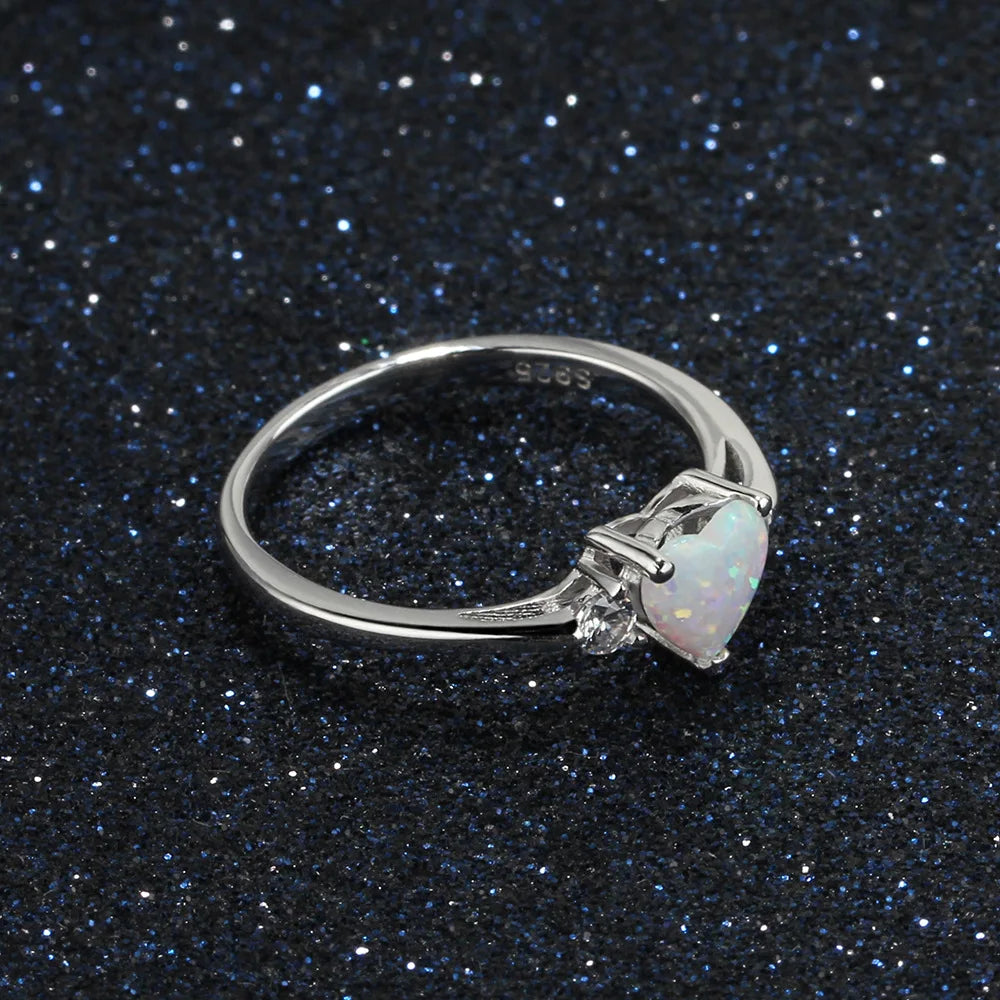 Trumium 100% 925 Sterling Silver Heart Shaped White Opal Engagement Promise Band Ring for Women Heart Halo Cubic Zirconia Ring