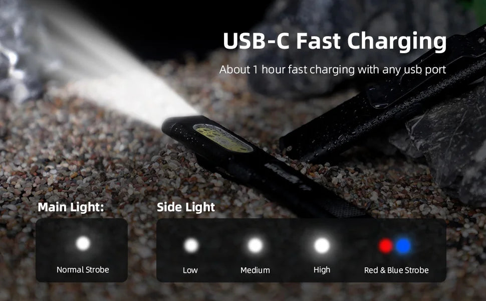 WARSUN Compact Multi-Mode Pocket LED Flashlight T7 - 675LM, USB-C Rechargeable, IPX4, Dual Material, Red/Blue Strobe