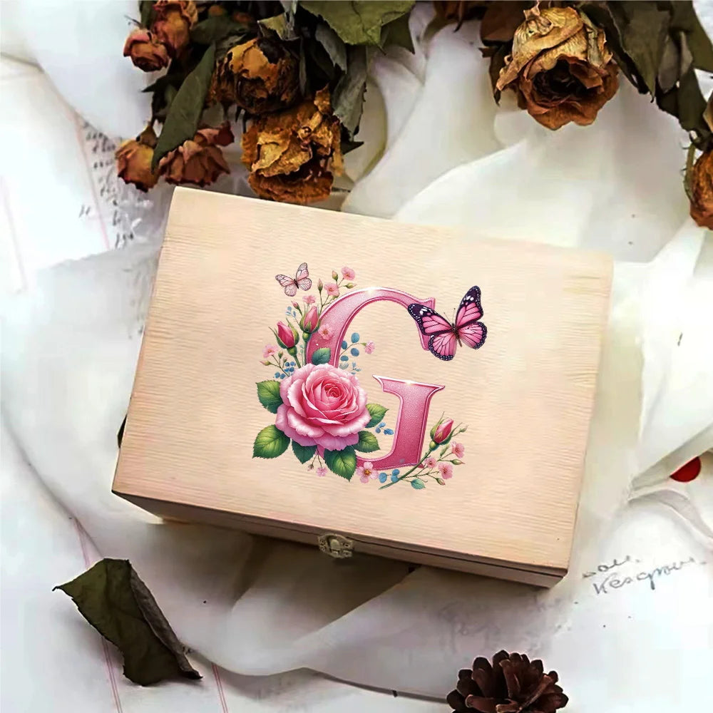 Wooden Storage Box With Hinged Lid Durable Multifunctional Case Crafts Jewelry Boxes For Household Pink Butterfly Letter Pattern