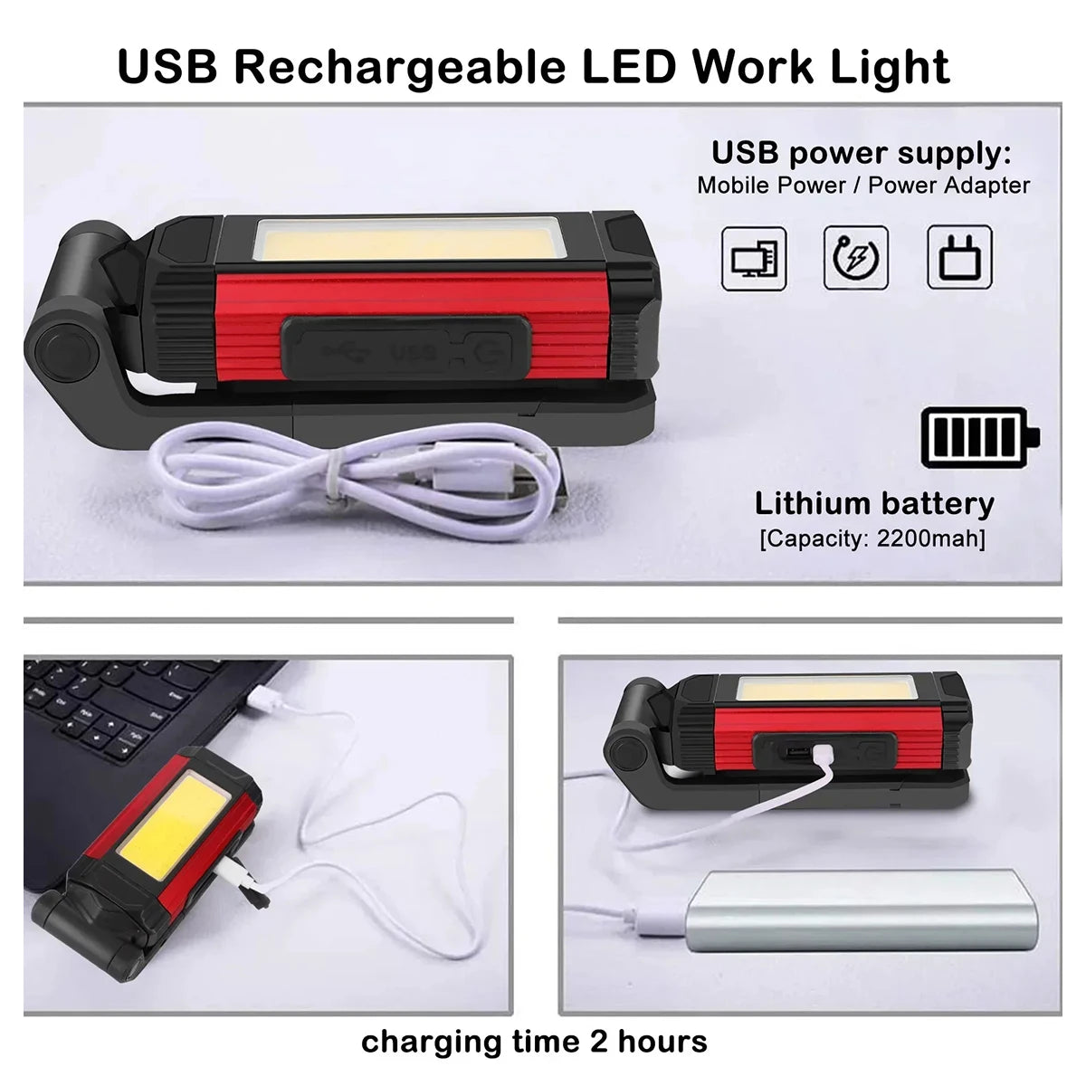Led Work Light 10w Usbc Flashlight Red Magnetic Flashlights Waterproof Working Hook Rechargeable Foldable Cob Rotating Brightest