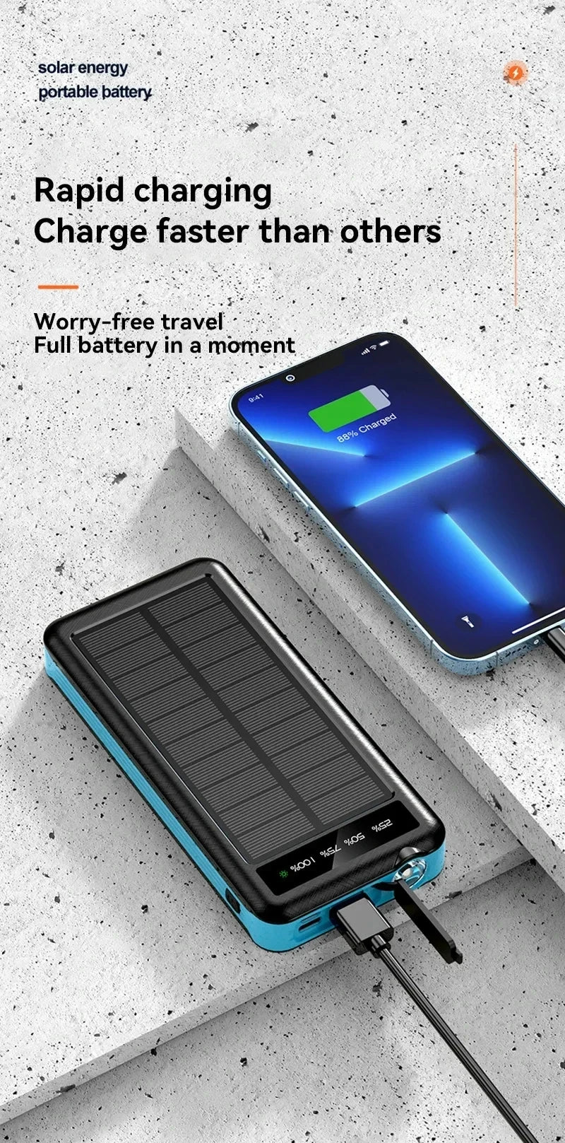 ONEPLUS 50000mAh Solar Power Bank Wireless Fast Charging Battery Large Capacity Mobile Power Dual USB 4 Cables For iPhone Samsun