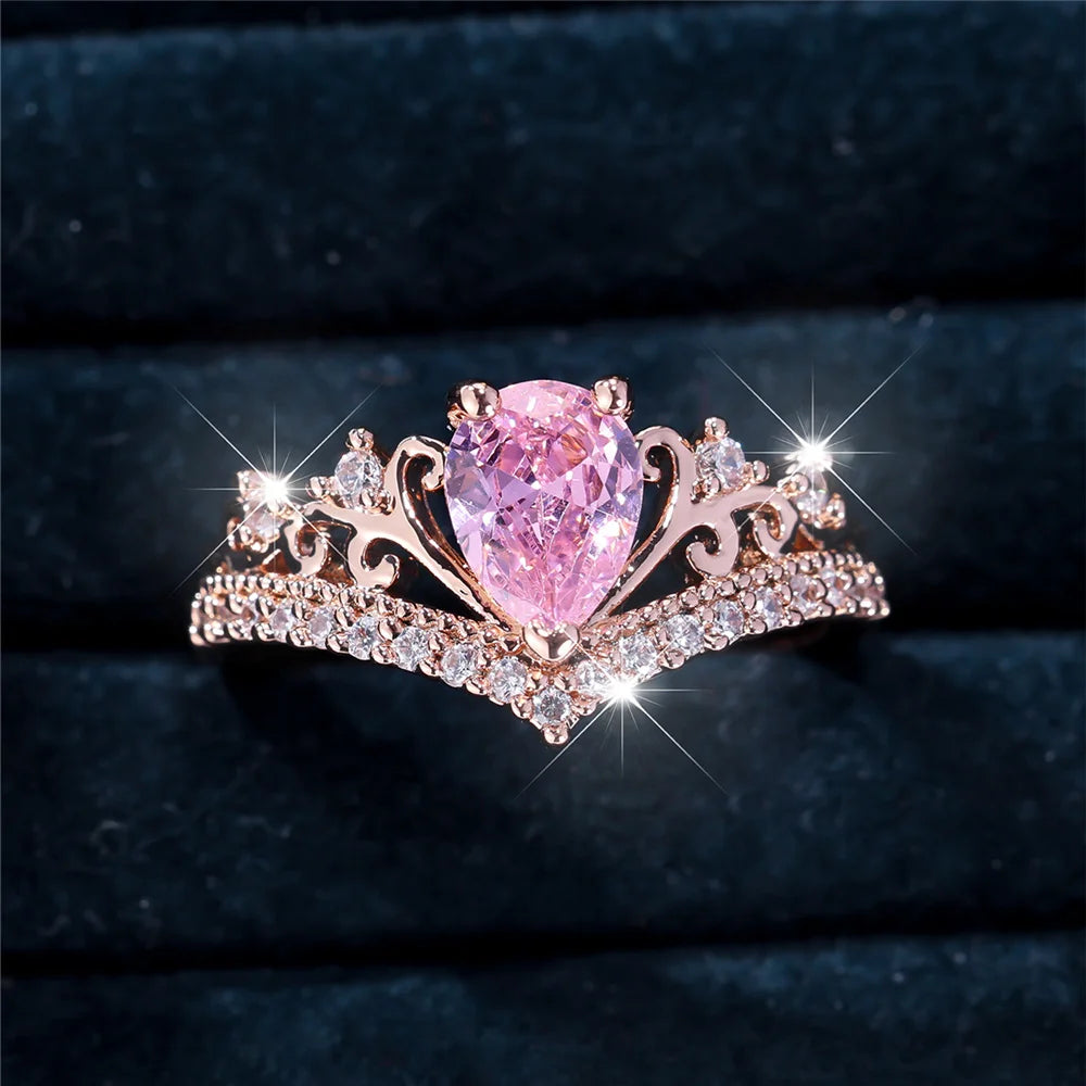 Luxury Female Pink Water Drop GemStone Ring Dainty