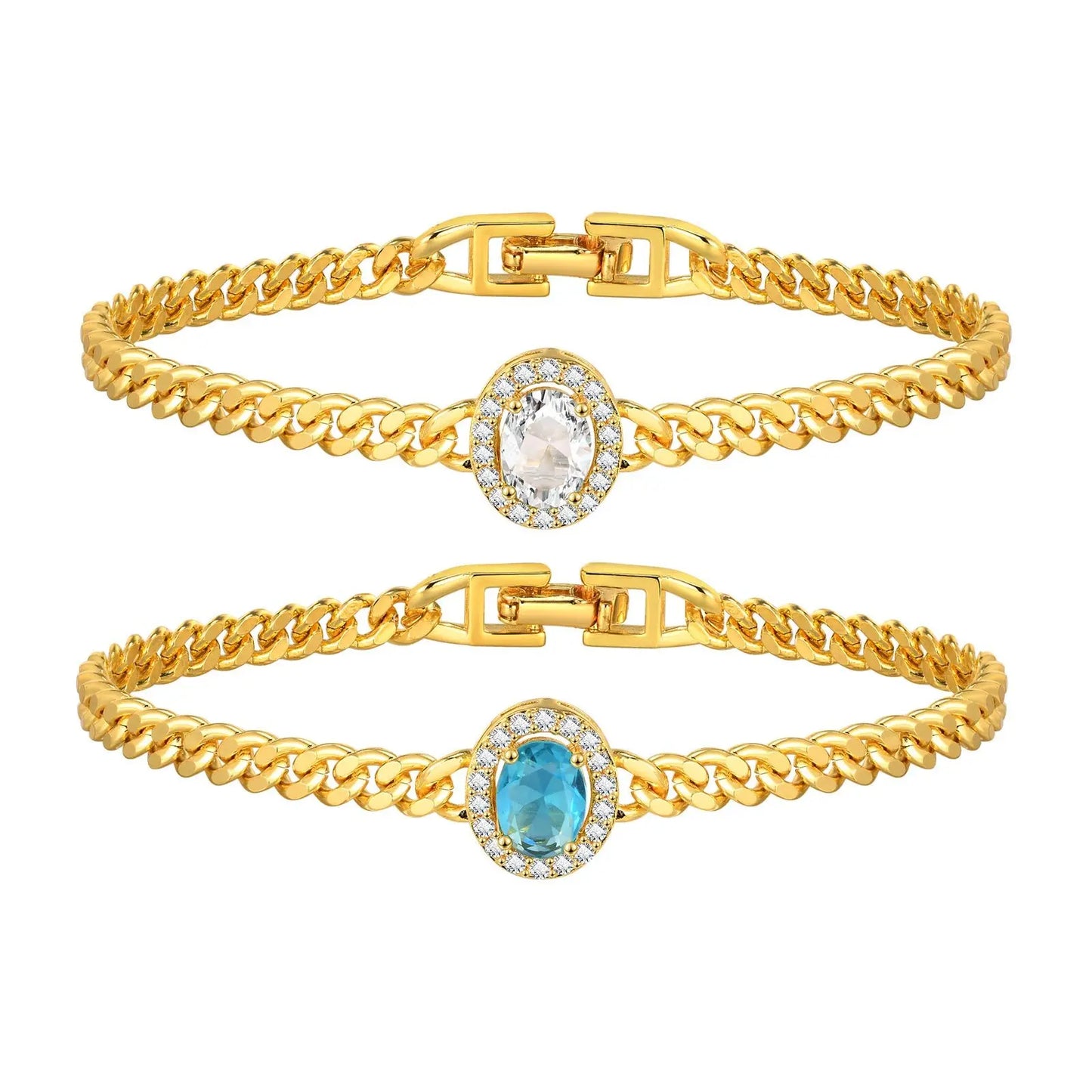 Bracelet for Women Gold Plated, Cuban Chain with Blue Cubic Zirconia Charms Wrist Jewelry for Her Gift