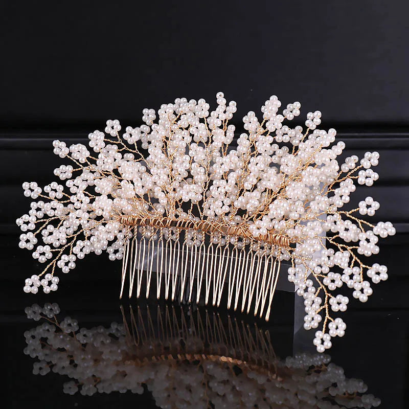 Pearl Flower Hair Comb European Style Tiaras Bride Headdress Pearl Girls Golden Crown Wedding Hair Accessories Party Jewelry