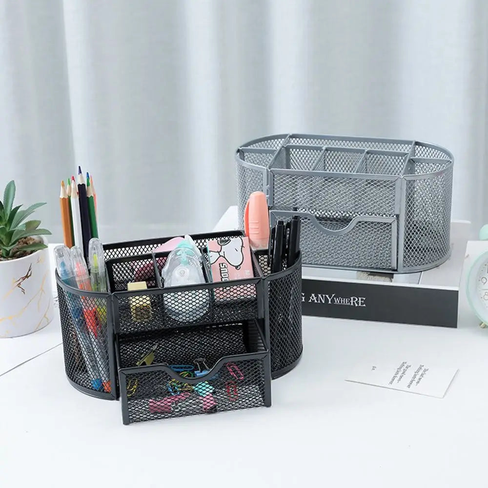 Office School Supplies With Drawer 9-Grid Storage Desk Organizer Stationery Container Metal Mesh Pen Holder