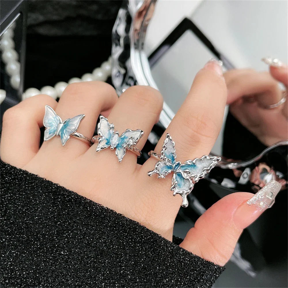 Exquisite Ice Blue Butterfly Open Ring, Fashionable Women's Simple Style Jewelry