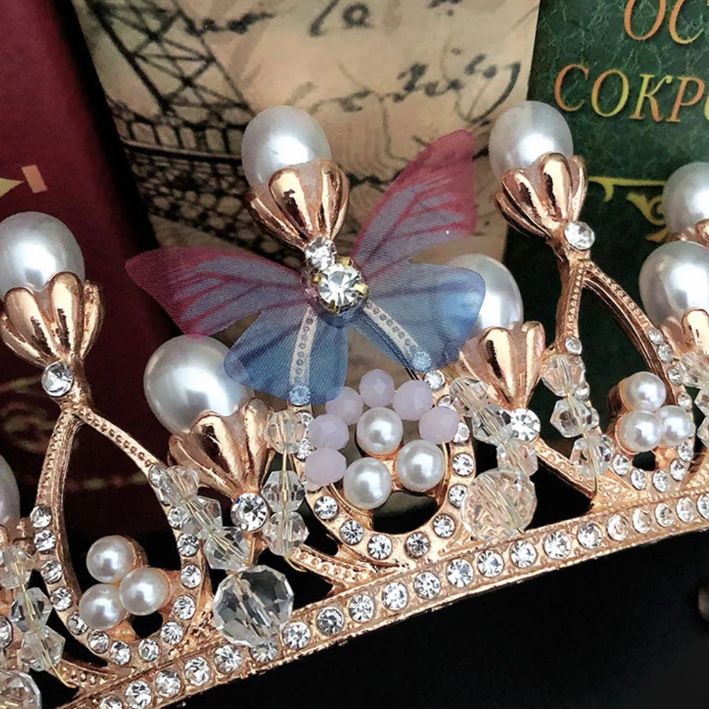 Girl Princess Crown Butterfly Rhinestone Tiaras Birthday Crystal Crown Performance Wedding Model Catwalk Handmade Pearl Tiara