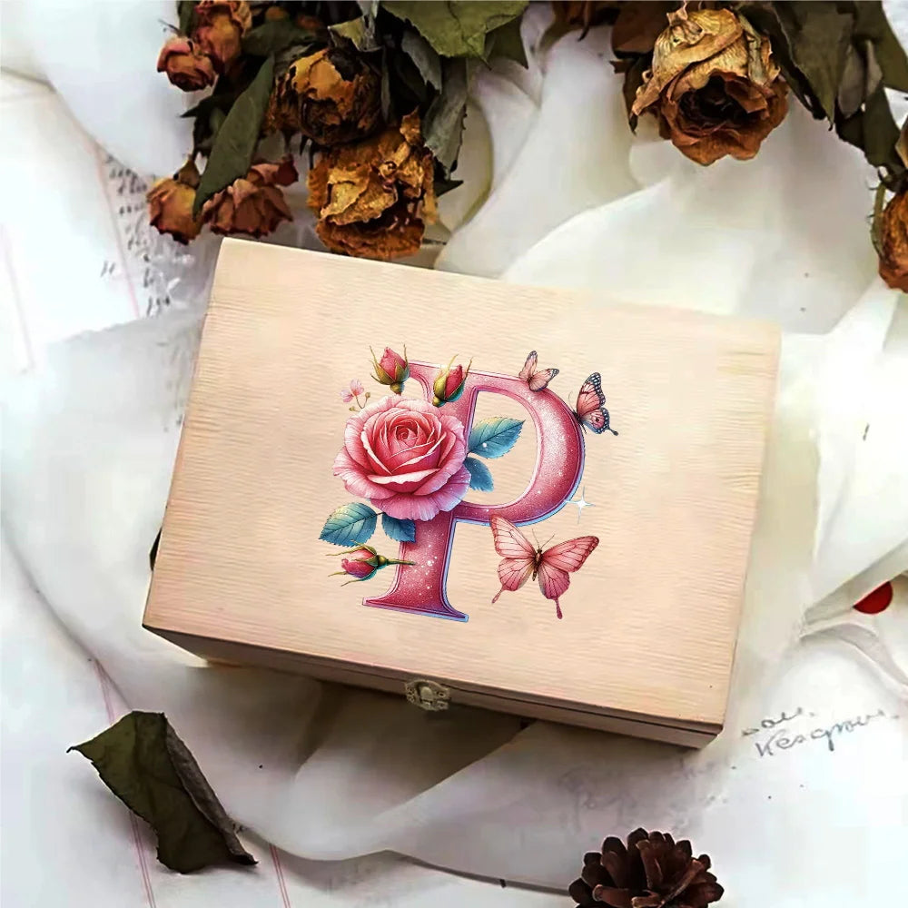 Wooden Storage Box With Hinged Lid Durable Multifunctional Case Crafts Jewelry Boxes For Household Pink Butterfly Letter Pattern