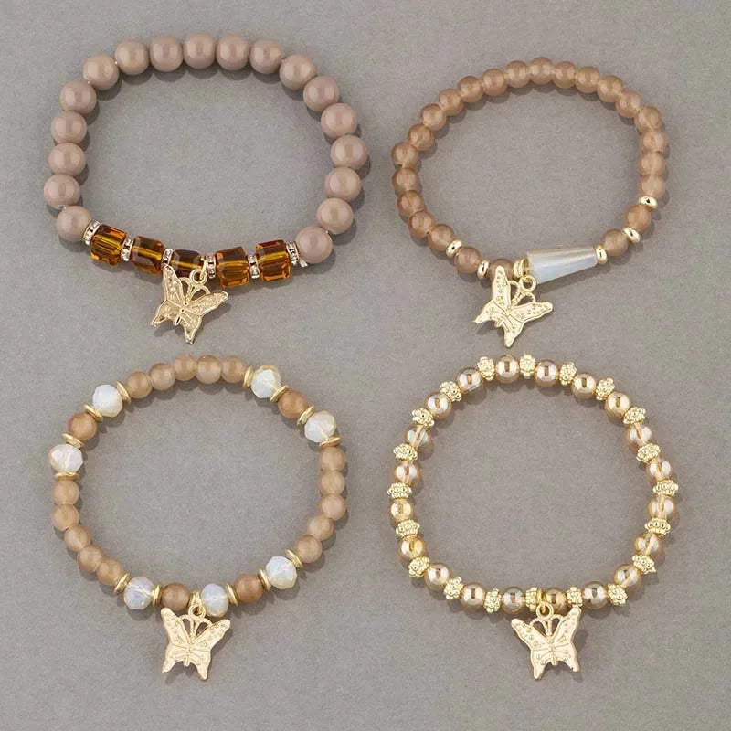 4pcs Trendy Butterfly Beaded Bracelet Set for Women Pink Acrylic Beads Elastic Chain Bangle Female Bohemian Party Jewelry Gift