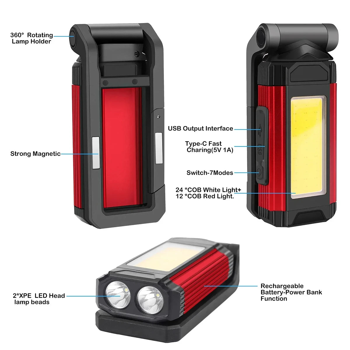Led Work Light 10w Usbc Flashlight Red Magnetic Flashlights Waterproof Working Hook Rechargeable Foldable Cob Rotating Brightest