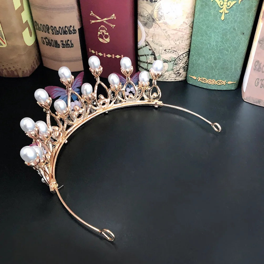 Girl Princess Crown Butterfly Rhinestone Tiaras Birthday Crystal Crown Performance Wedding Model Catwalk Handmade Pearl Tiara