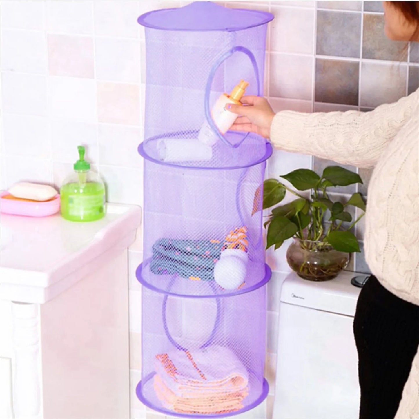 Colorful Fabric Storage Foldable Stuffed Net, 3 Compartments Hanging Mesh Toy Storage For Kid Room Toys, Gloves, Socks, Hats