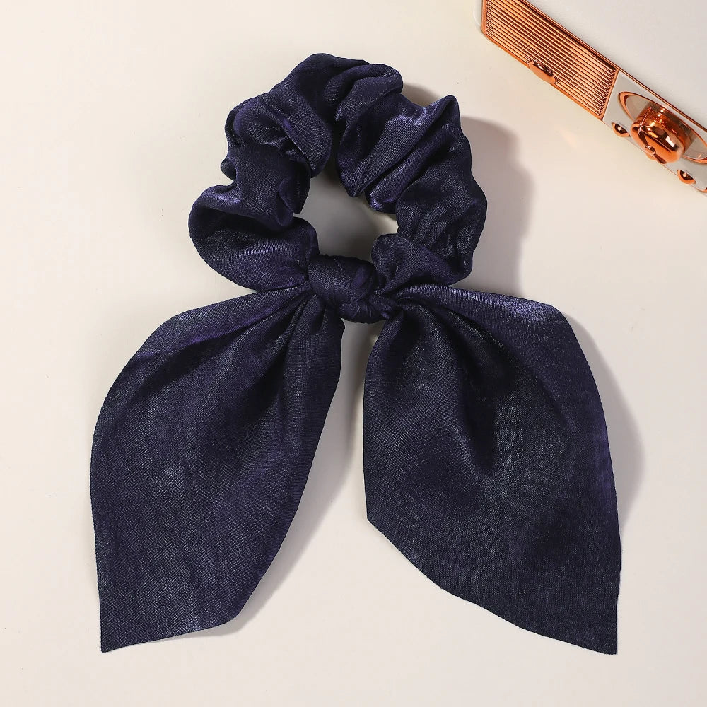 Fashion Vintage Solid Chiffon Velvet Bow Hair Ribbon Scrunchie for Women Girls Long Elastic Hair Tie Headwear Hair Accessories