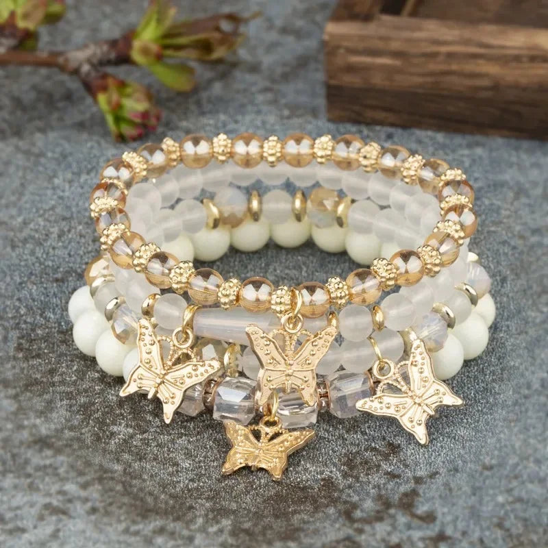 4pcs Trendy Butterfly Beaded Bracelet Set for Women Pink Acrylic Beads Elastic Chain Bangle Female Bohemian Party Jewelry Gift