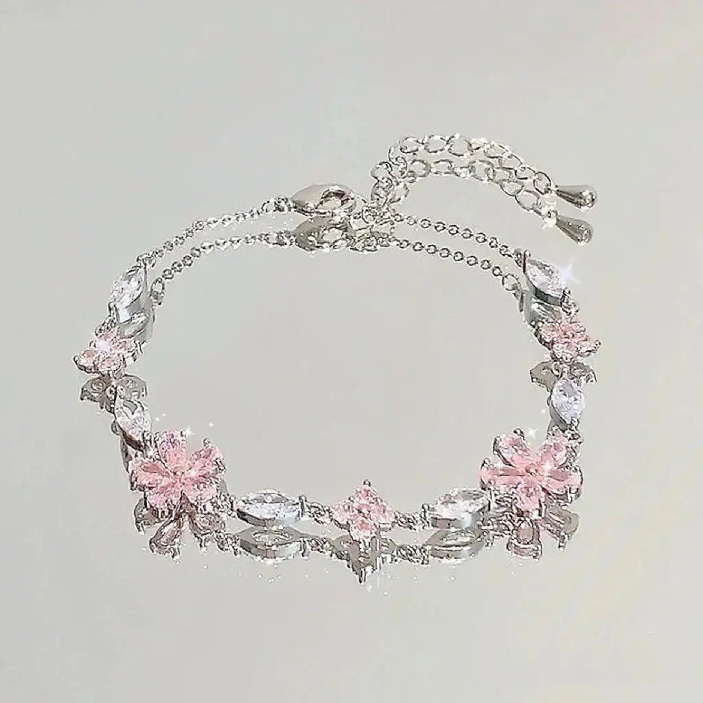 Sweet Fairy Pink Crystal Zircon Sakura Flowers Bracelet for Women Exquisite Cherry Blossom Bracelets Girls Jewelry Gifts