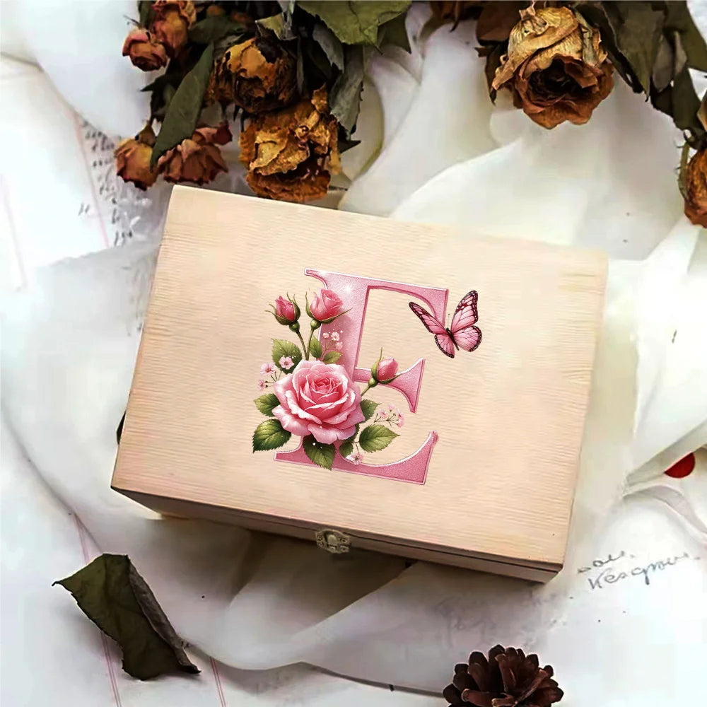 Wooden Storage Box With Hinged Lid Durable Multifunctional Case Crafts Jewelry Boxes For Household Pink Butterfly Letter Pattern