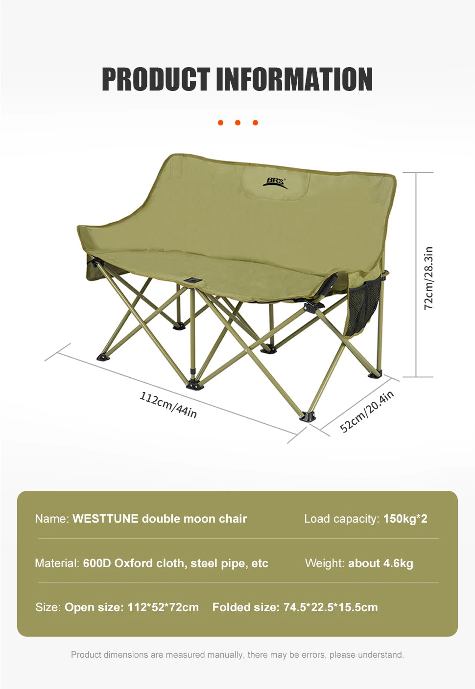 WESTTUNE Double Camping Chair Outdoor Fishing Backrest Chair Portable Folding Lawn Chair Beach Tourist Double Seat Leisure Chair