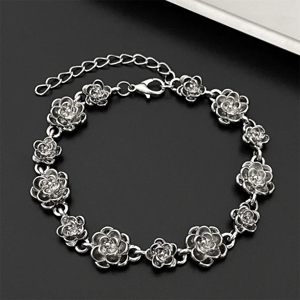 Trendy Rose Flower Charm Bracelet for Women Alloy Romantic Gift for Girlfriend Personalized Bracelet Party Jewelry Accessories