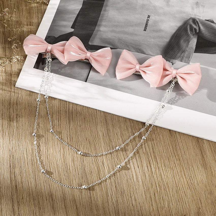 LEVAO Women's Sweet Double Bow Duckbill Clip Tiaras Pearl Chain Decorative Hairband Girls Fashion Hairpin Hair Accessories