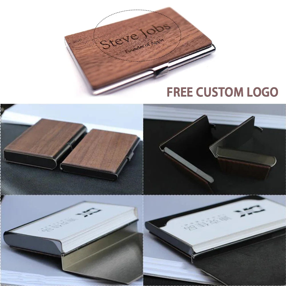Free Customized Engraving Wood Business Card Holder Pocket Black Walnut Solid Wooden Clip Personalized Cardcase Activities Gifts