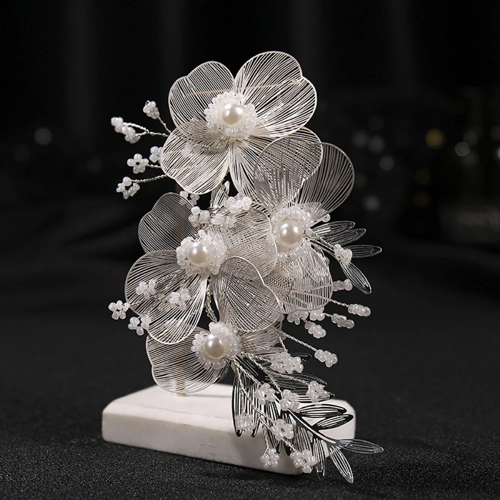 Fairy Flower Hairband Metal Floral Tiaras Bride Pearl Headdress For Women Charming Wedding Hair Jewelry Marrige Beauty Headbands