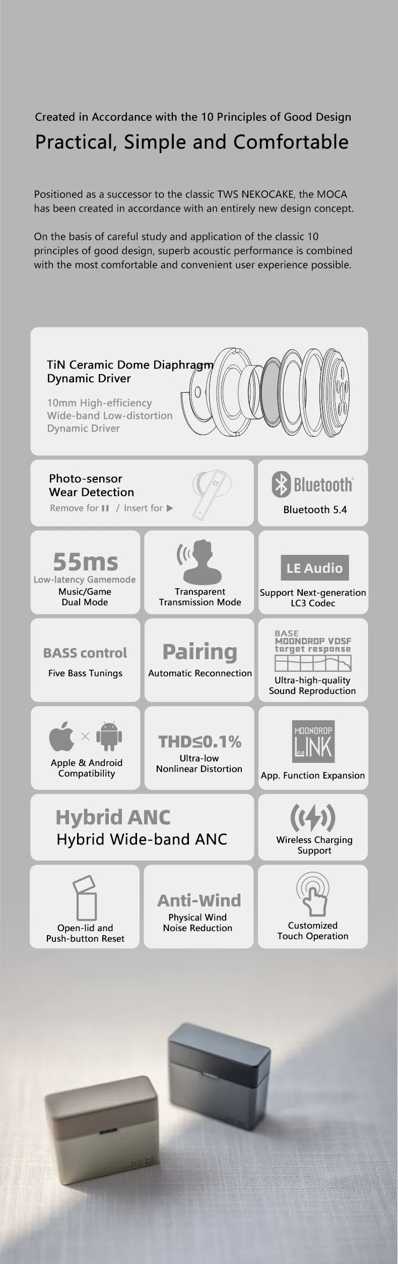 MOONDROP MOCA HiFi Sound Quality ANC TWS Low Latency Automatic Reconnection Wireless Charging BASS Control In-ear headphones
