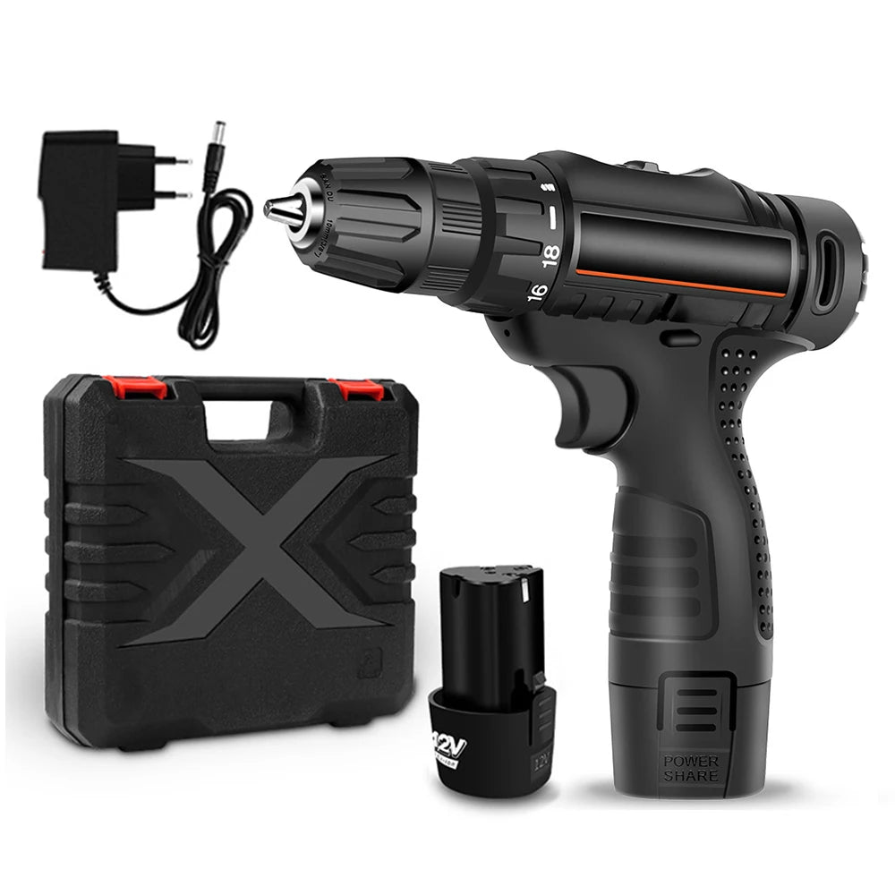 12V Electric Screwdriver Multi-functional Rechargeable Electric Screwdriver Electric Hand Drill Household Tools Black PC+Alloy