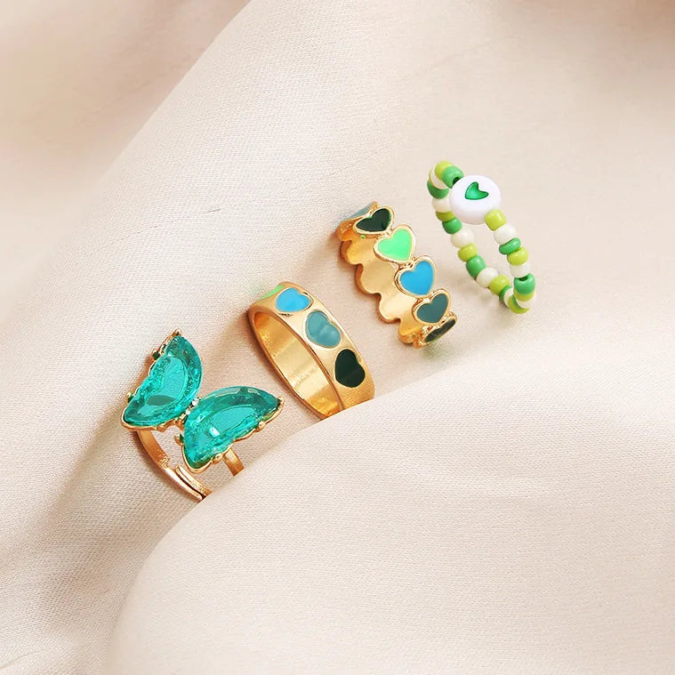 Pink Enamel Butterfly Ring Gold Finished Set For Women Crystal Enamel