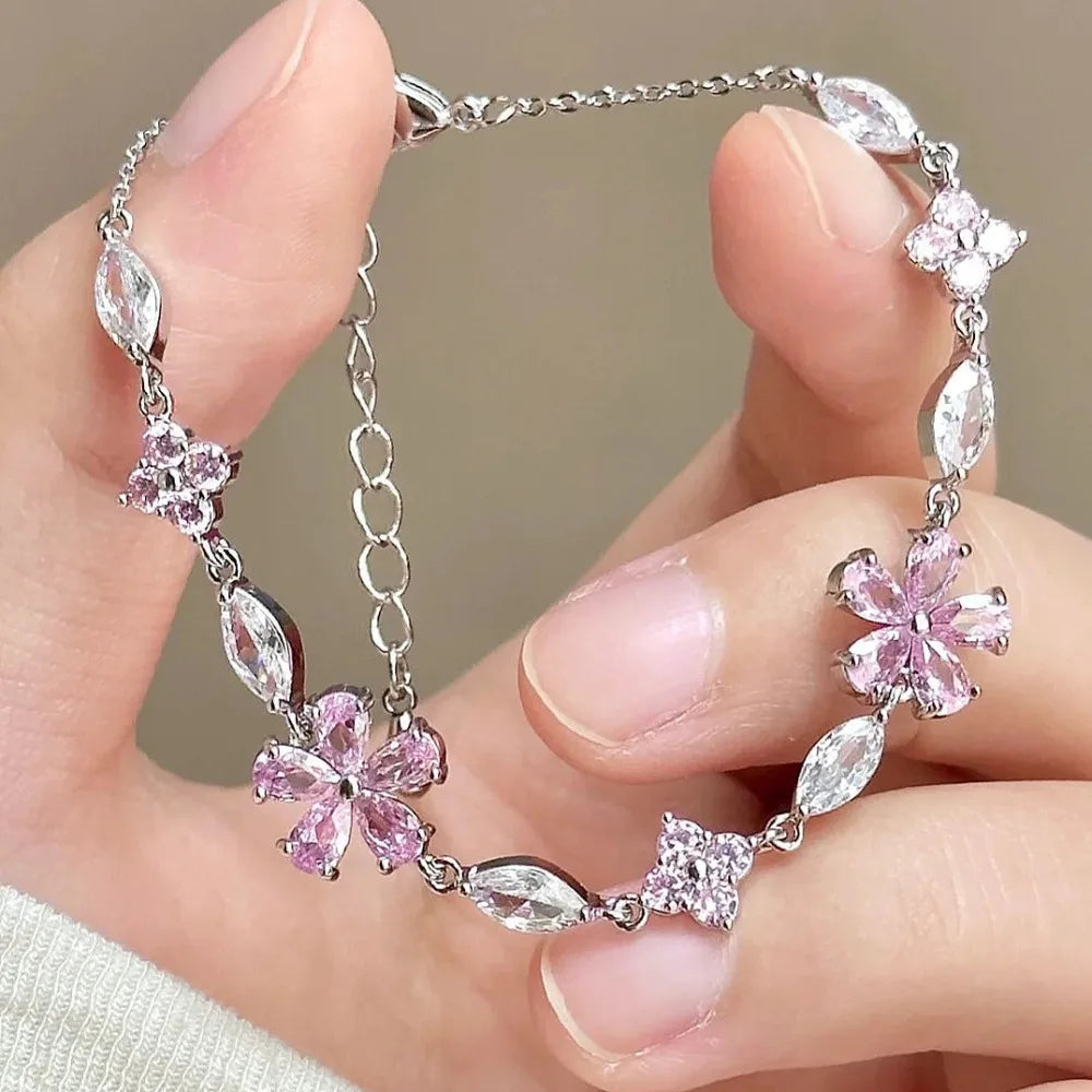 Sweet Fairy Pink Crystal Zircon Sakura Flowers Bracelet for Women Exquisite Cherry Blossom Bracelets Girls Jewelry Gifts
