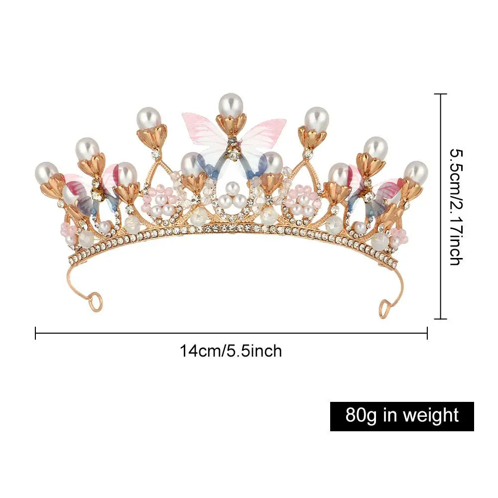 Girl Princess Crown Butterfly Rhinestone Tiaras Birthday Crystal Crown Performance Wedding Model Catwalk Handmade Pearl Tiara