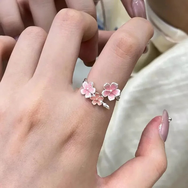Flower Ring for Women with Niche Design Pink Peach Blossom Index Finger Ring Fresh Sweet Gradient Flower Opening Finger Ring