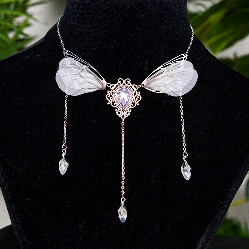 Witch Fairy Elves Butterfly Wings with Crystal Pendant Chain Necklace Forest Fairy Jewelry for women