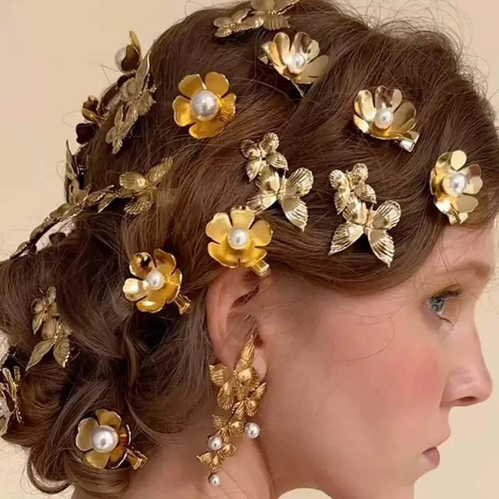 5pcs Elegant Golden Flower Hair Forks Hairstyle Tools French Style Pearl Side Clips Hair Accessories Retro Wave Alloy Barrettes