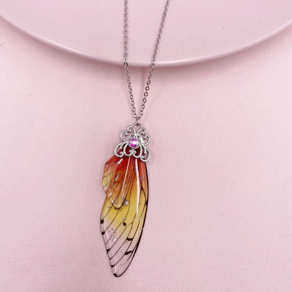12 colors fashion Silver gold Fairy Purple Gradient Clear Resin Butterfly Shiny Insect Wing Pendant necklace for women jewelry