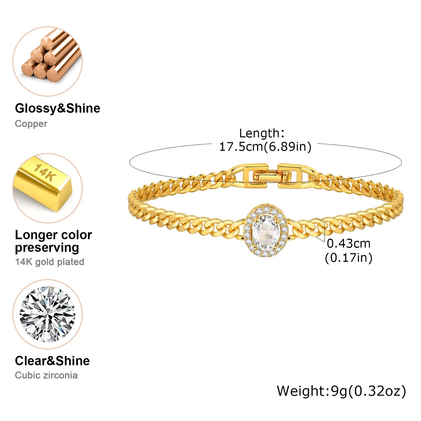 Bracelet for Women Gold Plated, Cuban Chain with Blue Cubic Zirconia Charms Wrist Jewelry for Her Gift