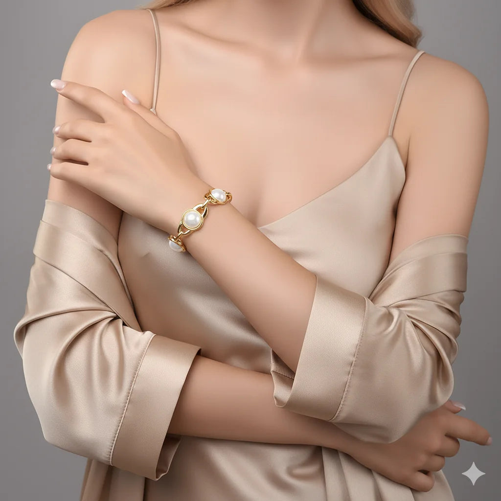 Trendy Pearl Golden Bracelet Heavy Retro Bangle Luxury Jewelry Elegant Accessories Party Gift