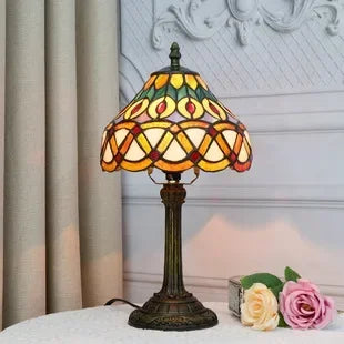 Stained Glass Table Lamp, Antique Green Tiffany Style Reading Light for Bedroom, Living Room and Office Decor Lampara Salon