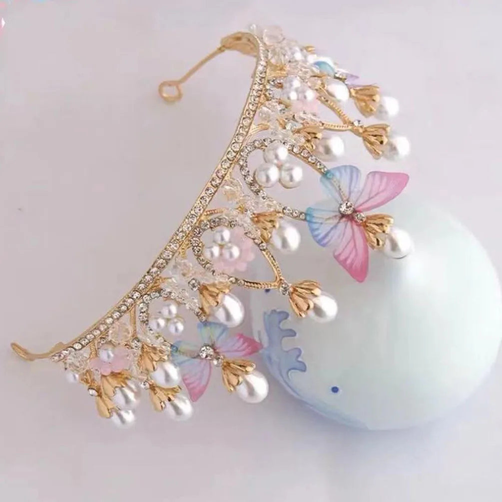Girl Princess Crown Butterfly Rhinestone Tiaras Birthday Crystal Crown Performance Wedding Model Catwalk Handmade Pearl Tiara
