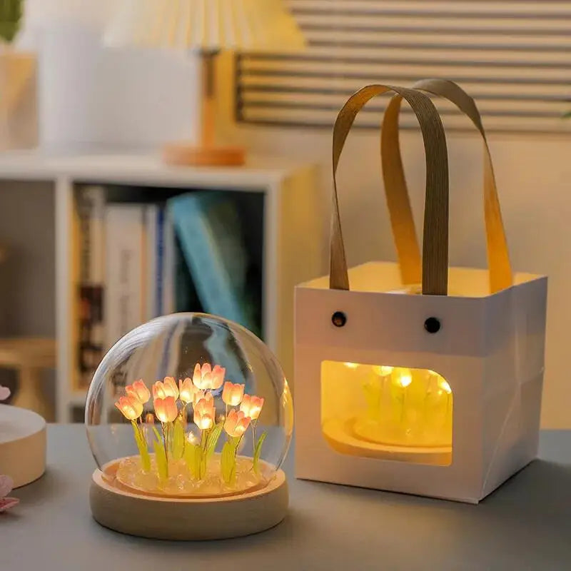 Artificial Tulip Flower Night Light Ornaments Handmade DIY Bedsides LED Night Lamp Bedroom Desk Decor Birthday Gifts Table Lamp