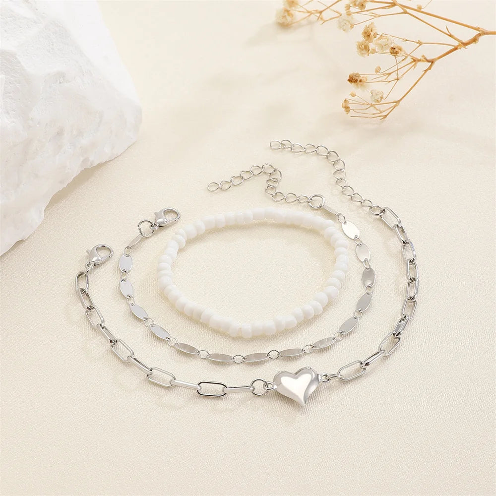 Trendy Heart Beads Friendship Bracelets for Women 3pcs Korean Fashion Multi Layered Love Bracelet Jewelry Accessories Gifts 2025