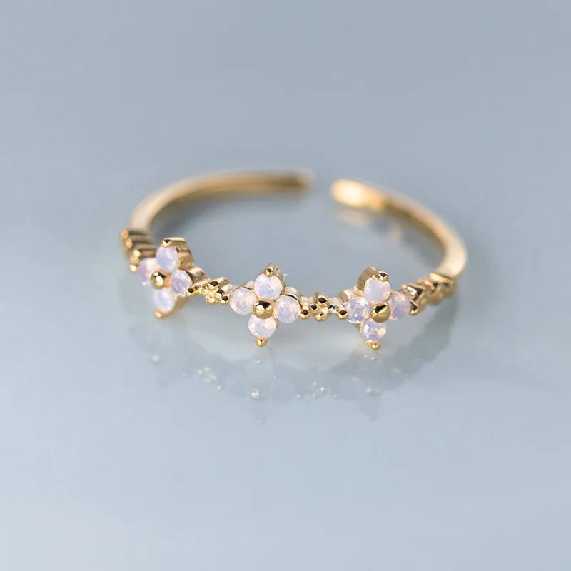 Real Silver and Gold Filled Adjustable Opal Flower Ring