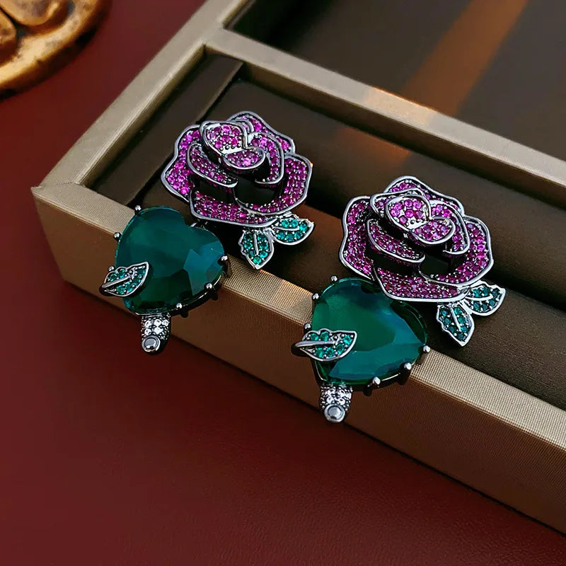 Purple Rose Flower Heart Lip,Stud Earrings for Women French Romantic Vintage Temperament Earring Luxury Jewelry wholesale
