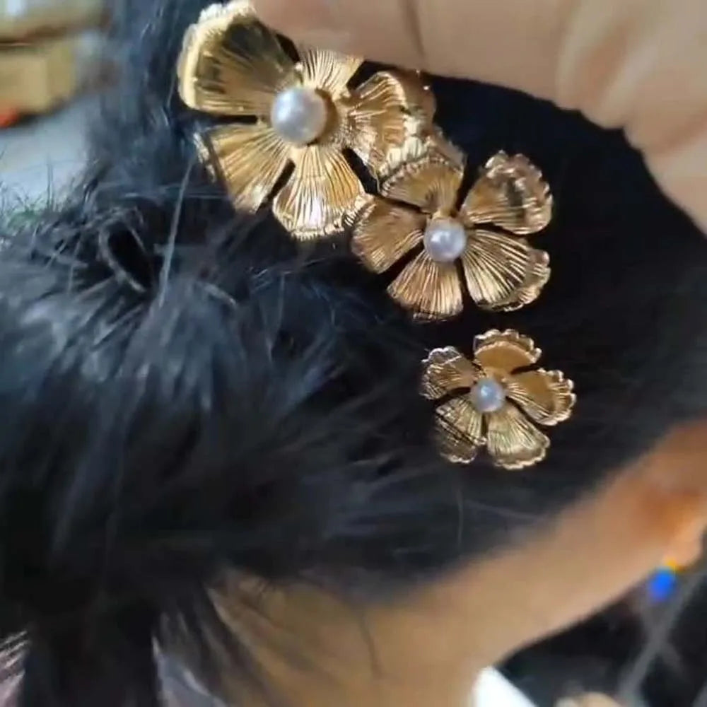 5pcs Elegant Golden Flower Hair Forks Hairstyle Tools French Style Pearl Side Clips Hair Accessories Retro Wave Alloy Barrettes